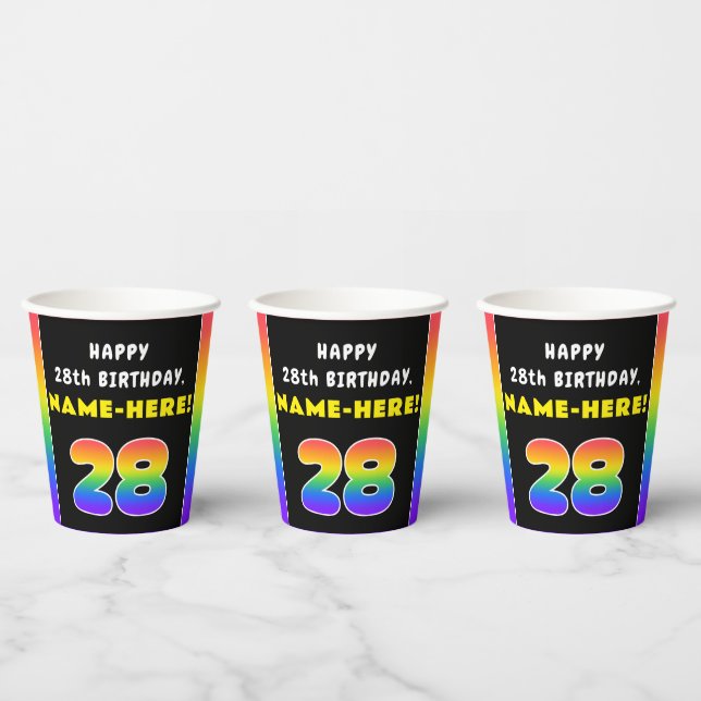 28th Birthday: Colourful Rainbow # 28, Custom Name Paper Cups (Multi)