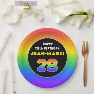 28th Birthday: Colourful Rainbow # 28, Custom Name Paper Plate