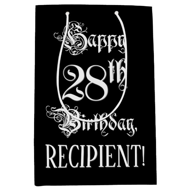 28th Birthday: Fancy, Elegant Script + Custom Name Medium Gift Bag (Front)