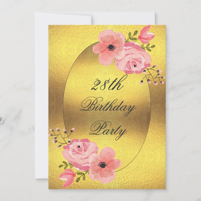 28th Birthday Faux Gold Foil Watercolor Flowers Invitation (Front)
