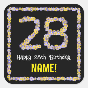 28th Birthday: Floral Flowers Number, Custom Name Square Sticker