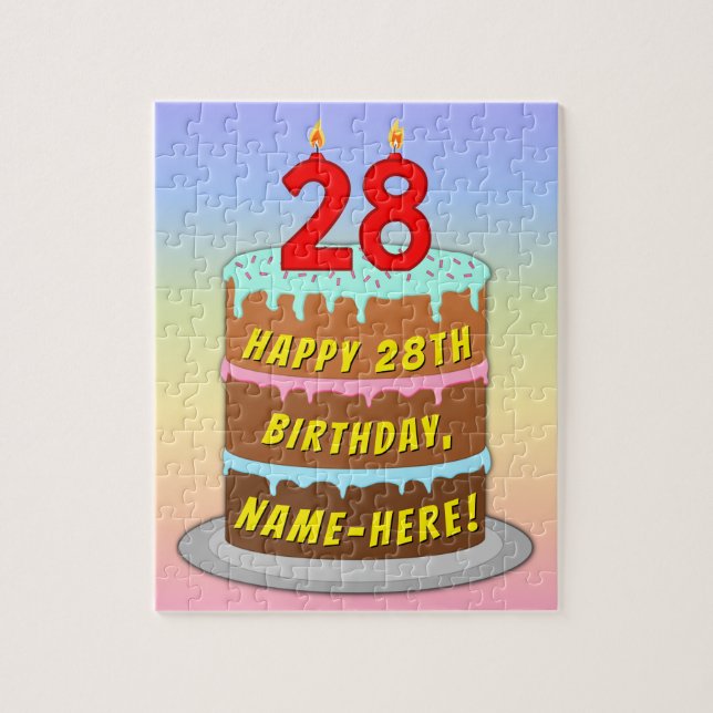 28th Birthday: Fun Cake and Candles + Custom Name Jigsaw Puzzle (Vertical)