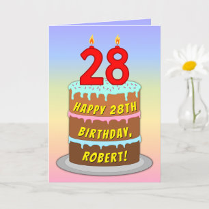28th Birthday — Fun Cake & Candles, w/ Custom Name Card