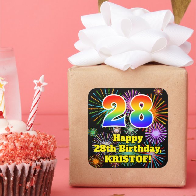 28th Birthday: Fun Fireworks Look, Rainbow # 28 Square Sticker (Party)