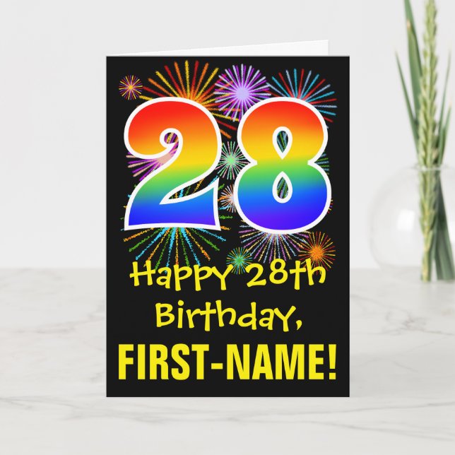 28th Birthday: Fun Fireworks Pattern + Rainbow 28 Card (Front)