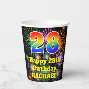 28th Birthday: Fun Fireworks Pattern + Rainbow 28 Paper Cups