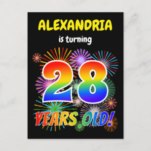 28th Birthday - Fun Fireworks, Rainbow Look "28" Postcard