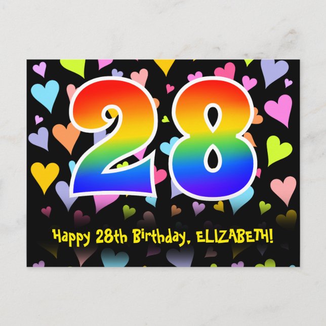 28th Birthday: Fun Hearts Pattern, Rainbow 28 Postcard (Front)