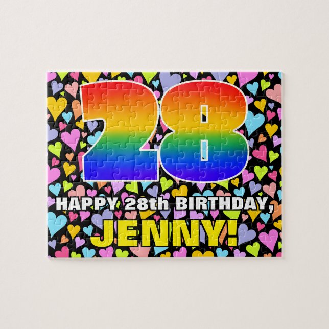 28th Birthday — Fun, Loving Heart Shapes + “28” Jigsaw Puzzle (Horizontal)