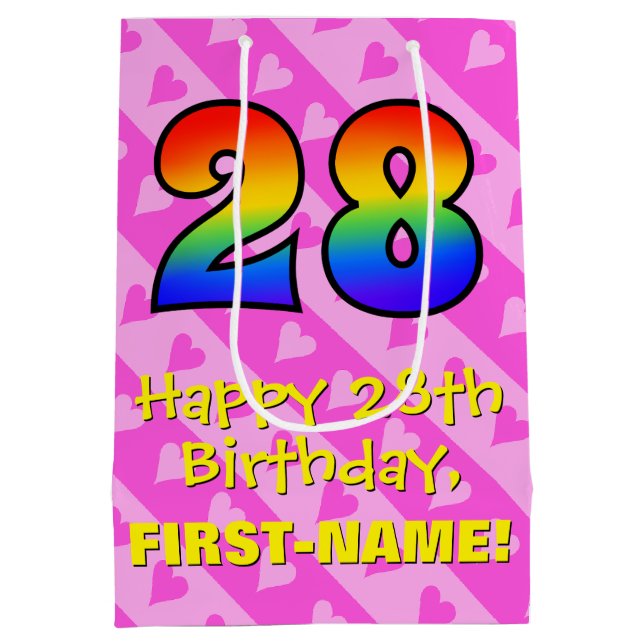 28th Birthday: Fun Pink Hearts Stripes; Rainbow 28 Medium Gift Bag (Back)