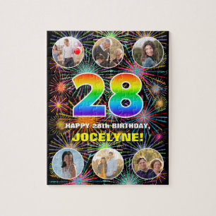 28th Birthday: Fun Rainbow #, Custom Name + Photos Jigsaw Puzzle