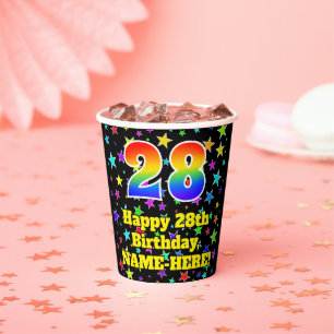 28th Birthday: Fun Stars Pattern and Rainbow 28 Paper Cups