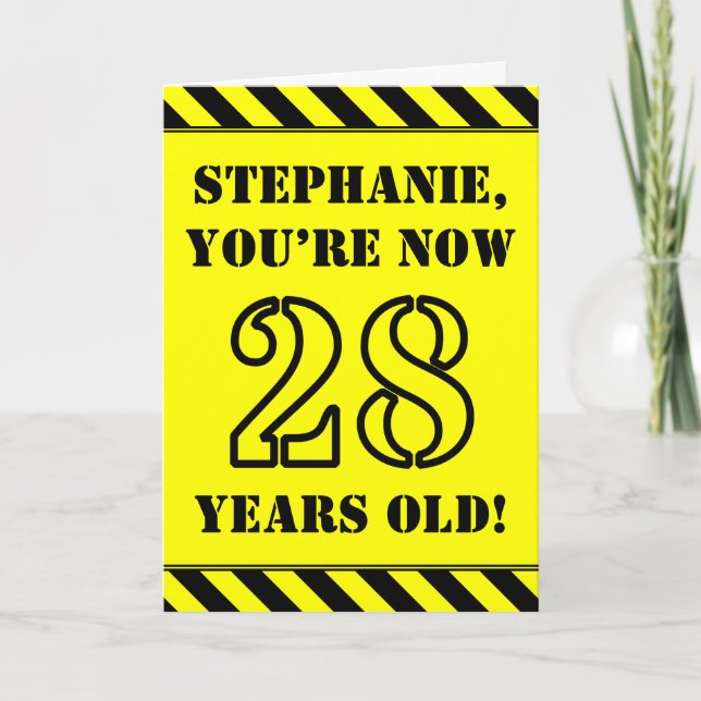 28th Birthday: Fun Stencil Style Text, Custom Name Card (Front)