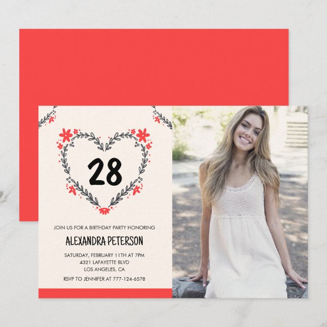 28th birthday invitations for her Floral Heart (Front/Back)