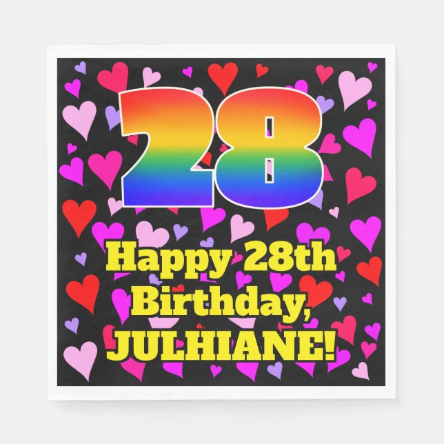 28th Birthday: Loving Hearts Pattern, Rainbow # 28 Napkin (Front)