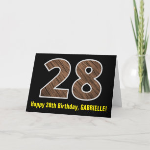 28th Birthday: Name + Faux Wood Grain Pattern "28" Card