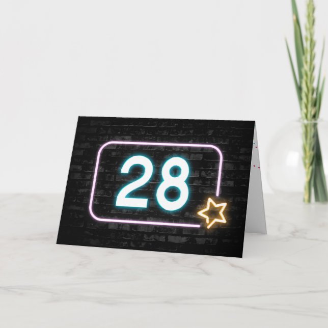 28th Birthday Neon Sign On Brick Wall  Card (Front)