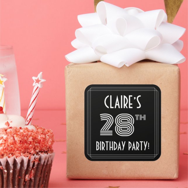 28th Birthday Party: Art Deco Style & Custom Name Square Sticker (Party)