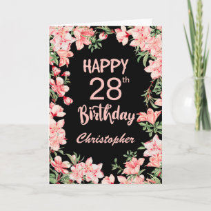 28th Birthday Pink Peach Watercolor Floral Black Card