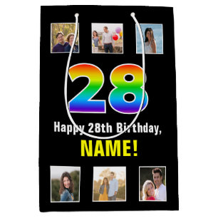 28th Birthday: Rainbow “28“, Custom Photos & Name Medium Gift Bag
