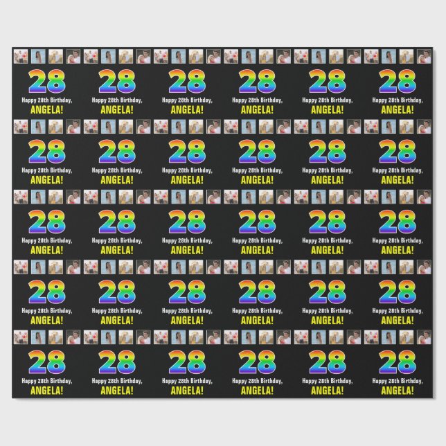 28th Birthday: Rainbow “28“; Custom Photos & Name Wrapping Paper (Flat)