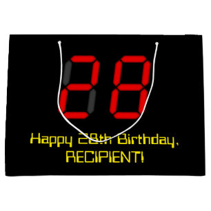 28th Birthday: Red Digital Clock Style "28" + Name Large Gift Bag