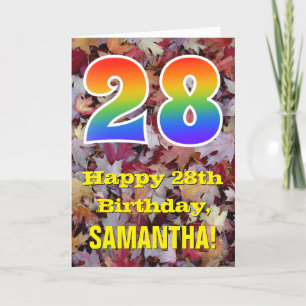 28th Birthday; Rustic Autumn Leaves; Rainbow "28" Card