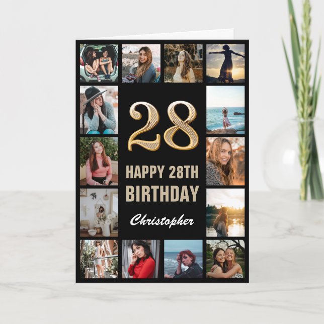 28th Happy Birthday Black and Gold Photo Collage Card (Front)