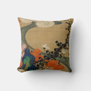 29. 菊花流水図, 若冲 Chrysanthemum & Stream, Jakuchū Throw Pillow