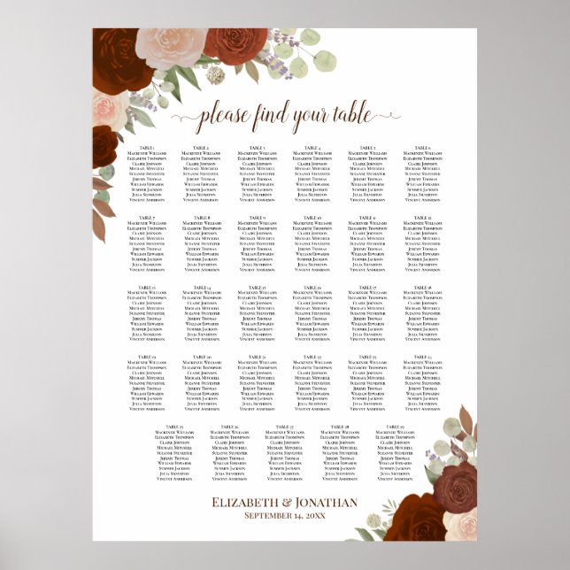 29 Table Autumn Floral Boho Wedding Seating Chart (Front)