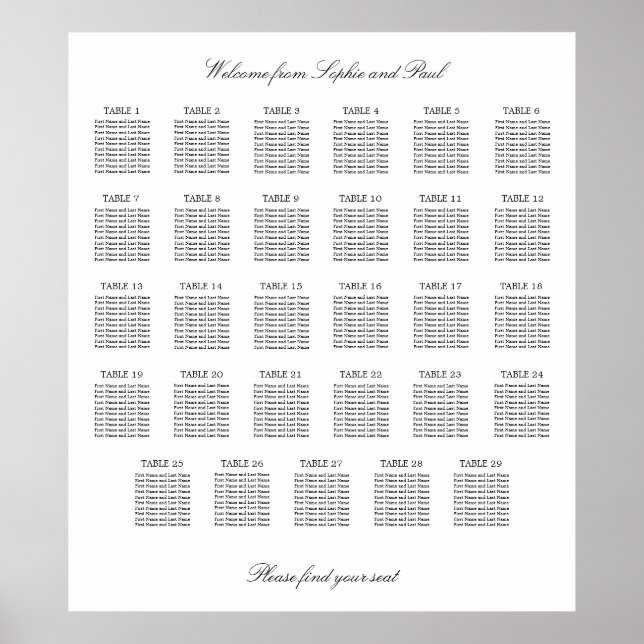 29 Table Elegant Minimalist Seating Chart (Front)