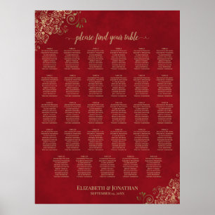 29 Table Elegant Red & Gold Wedding Seating Chart