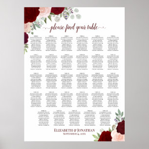29 Table Red & Pink Floral Wedding Seating Chart