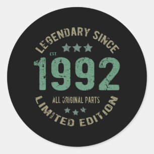 29 Year Old Bday 1992 Legend Since 29th Birthday Classic Round Sticker