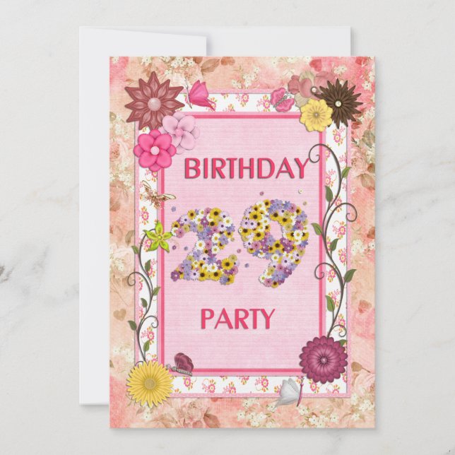 29e anniversaire invitation fête avec cadre fleuri (Devant)