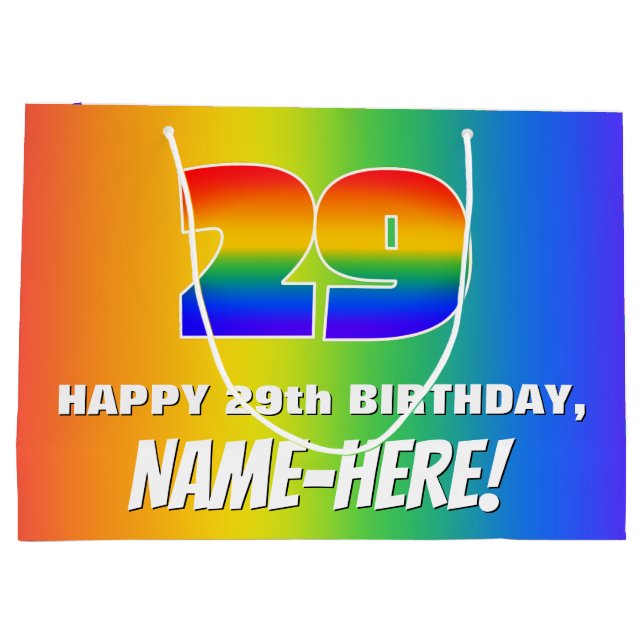 29th Birthday: Colourful, Fun Rainbow Pattern # 29 Large Gift Bag (Back)
