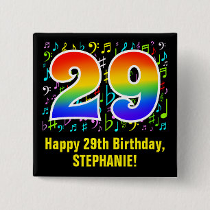 29th Birthday: Colourful Music Symbols, Rainbow 29 2 Inch Square Button