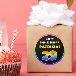 29th Birthday: Colourful Rainbow # 29, Custom Name Classic Round Sticker