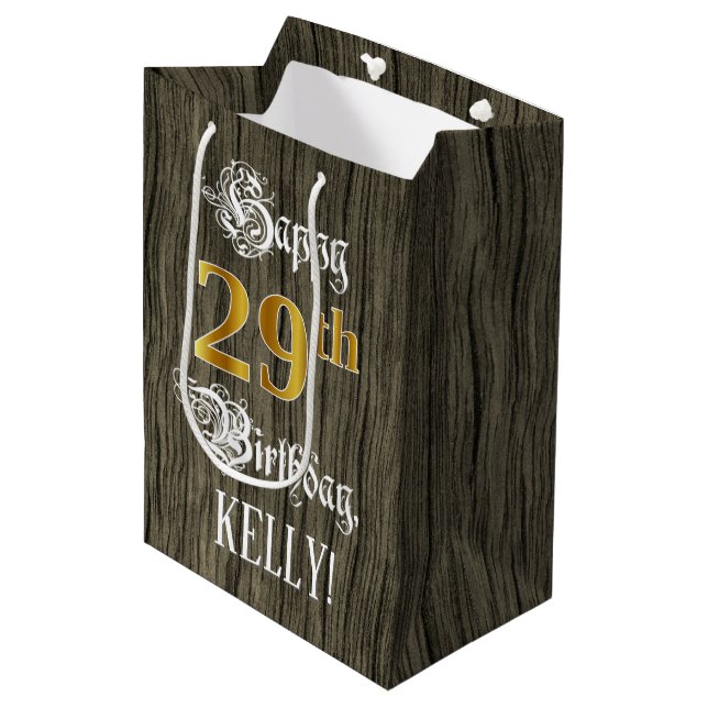 29th Birthday: Faux Gold Look & Faux Wood Pattern Medium Gift Bag (Front Angled)