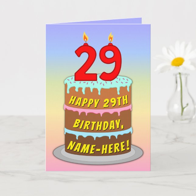 29th Birthday — Fun Cake & Candles, w/ Custom Name Card (Small Plant)