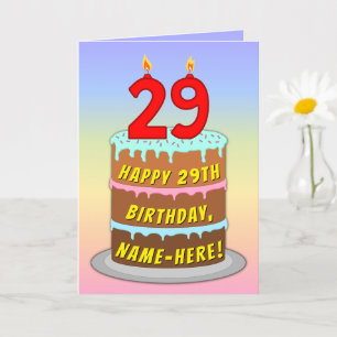 29th Birthday — Fun Cake & Candles, w/ Custom Name Card