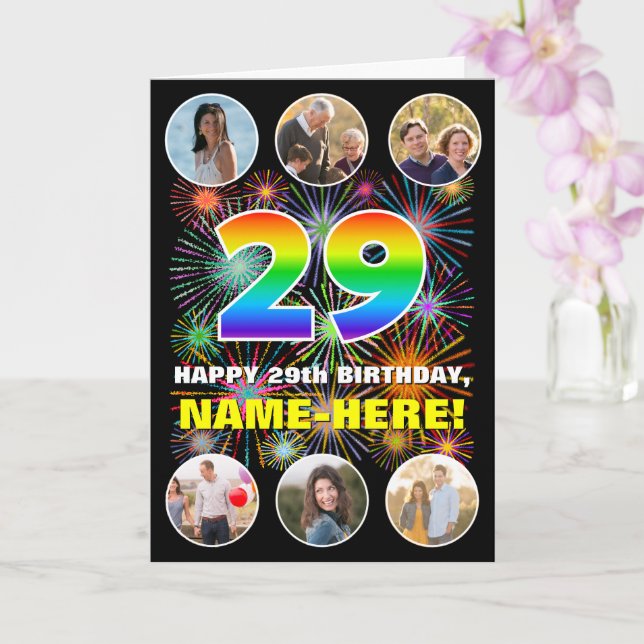 29th Birthday: Fun Rainbow #, Custom Name & Photos Card (Orchid)