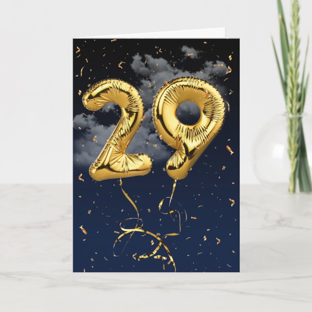 29th Birthday Gold Mylar Balloon and Confetti Card (Front)