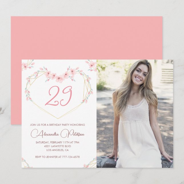 29th birthday invitations Boho Floral Photo (Front/Back)