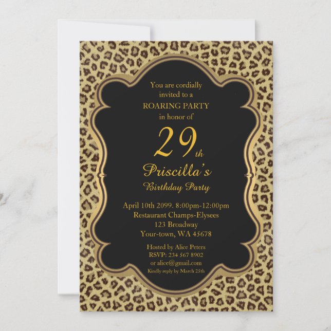 29th,Birthday Party 29th,Cheetah, Black & Gold Invitation (Front)
