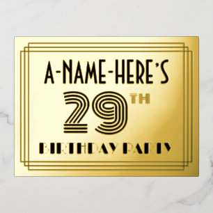 29th Birthday Party ~ Art Deco Style “29” + Name Foil Invitation Postcard