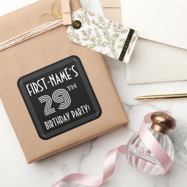 29th Birthday Party: Art Deco Style & Custom Name Square Sticker (Gifting)
