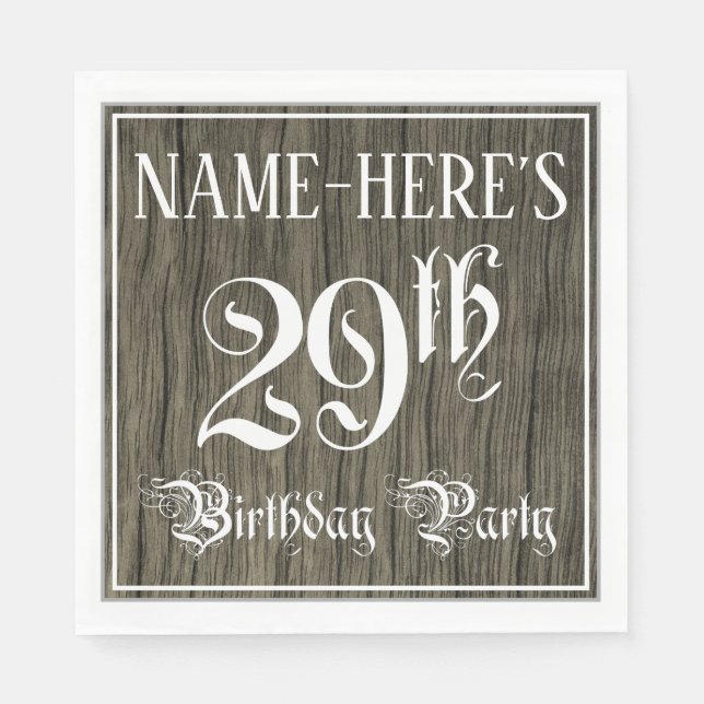 29th Birthday Party — Fancy Script, Faux Wood Look Napkin (Front)
