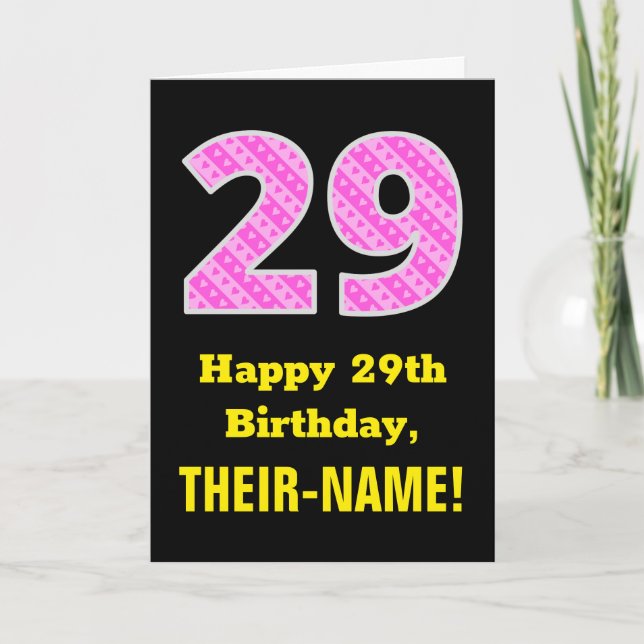 29th Birthday: Pink Stripes and Hearts "29" + Name Card (Front)