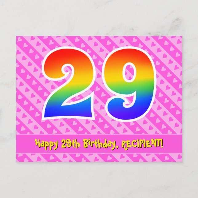 29th Birthday: Pink Stripes & Hearts, Rainbow 29 Postcard (Front)